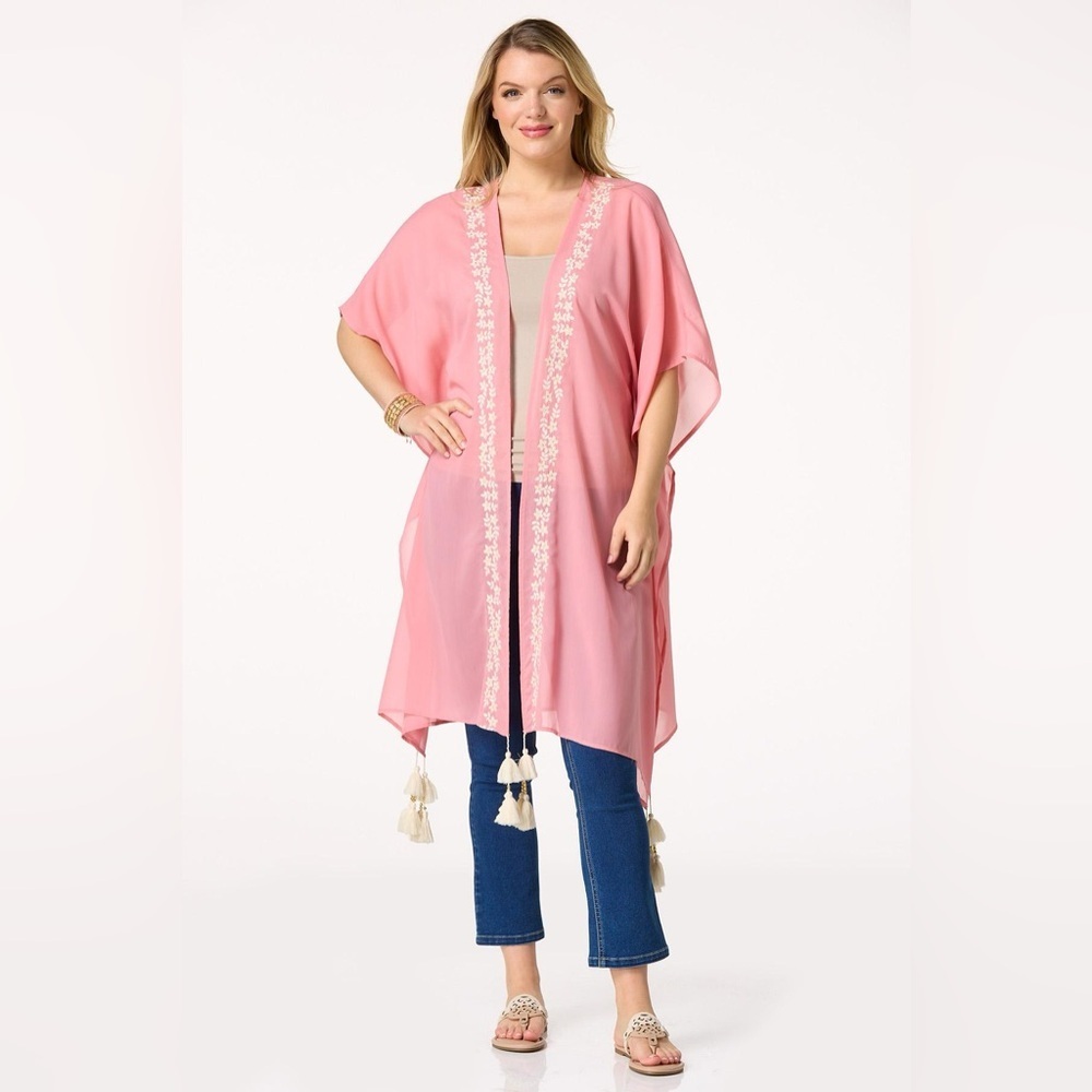Cato | EMBROIDERED TRIM TASSELED KIMONO O/S